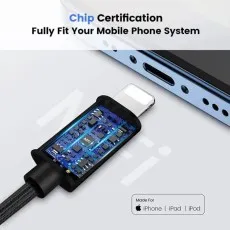 Close-up of the black iPhone aux cable’s Lightning connector with visible internal chip components, highlighting MFi certification and compatibility with iPhone, iPad, and iPod
