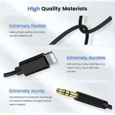 Detailed view of the black aux cable’s Lightning and 3.5mm connectors, emphasizing its flexible nylon braid, durable aluminum shell, and sturdy build