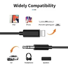 Diagram showing the iPhone aux cable’s wide compatibility, with Lightning connector for iPhone, iPad, and iPod, and 3.5mm jack for use in cars, headphones, and speakers