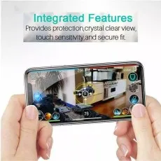 Hands holding phone with screen protector; integrated features