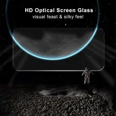 Stylized ad for HD Optical Screen Glass. Astronaut on a planet looks at a glowing screen protector