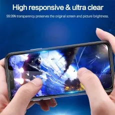 High responsive & ultra clear screen protector on a smartphone showing a bright space scene. 99.99% transparency
