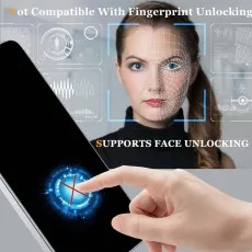 No fingerprint unlock, supports face unlock. Image shows phone, finger, crossed fingerprint icon, and face scan