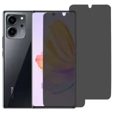 Honor 80 SE with privacy screen partially applied, spare screen also visible. Back of phone shown.