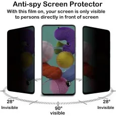Anti-spy screen protector visible at 90°, invisible at 28° side angles. Colorful abstract wallpaper