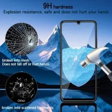 9H hardness screen protector explosion resistant and safe. Hammer test shown with mesh vs. scattered breaking