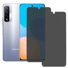 Honor Play 5T Pro with privacy screen protector partially applied, and a spare one beside it