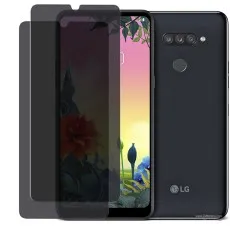 LG K50s phone next to two dark privacy screen protectors