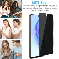 Anti-spy privacy screen visible only directly in front. Collage shows people trying to view others' phones.