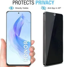 directly visible head-on, anti-spy at 45°. Hand holding phone showing wallpaper.