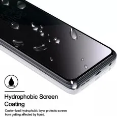 Hydrophobic screen coating privacy screen protector, showing water droplets beading on the surface.