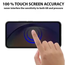 100% touch screen accuracy privacy screen protector. Finger touching the screen, blue circles indicating touch.