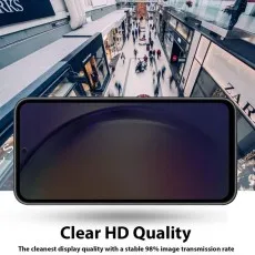 Clear HD quality privacy screen protector, overlaid on a blurred image of a busy shopping mall.