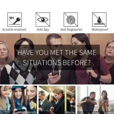 crowded elevator, friends peeking, metro, lovers sharing. Features 9H scratch, anti-spy, anti-fingerprint, waterproof.