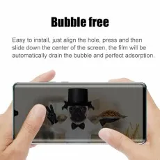 Hands applying a bubble-free privacy screen protector to a phone, showing a pug image on the screen..