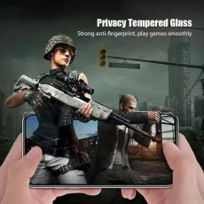 Hands holding a phone showing a first-person shooter game. Strong anti-fingerprint, play games smoothly