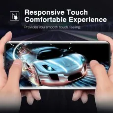 Hands holding phone with racing game on screen, showing responsive touch