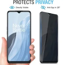 OnePlus phone shows visible screen head-on, dark at 28° with privacy screen