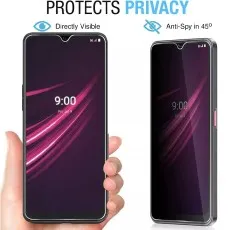 OnePlus phone shows visible screen head-on, dark at 45° with privacy screen