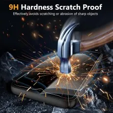 A hammer striking a screen protector on a phone, with sparks flying