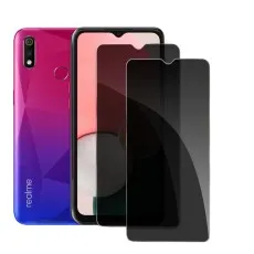 Anti-spy tempered glass screen protector partially applied to an Realme C3i.