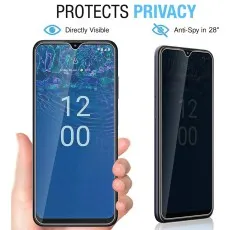 Hand holding Realme V23 with privacy screen—visible head-on, invisible from the side..