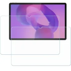 Two clear tempered glass screen protectors displayed in front of an Oppo Pad Air 2 tablet with purple-pink background screen