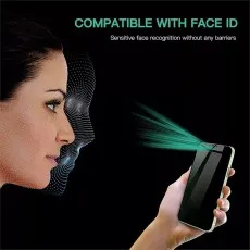 Privacy screen compatible with Face ID; a woman's face and phone with scanning rays are shown