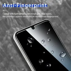 A phone screen with water droplets demonstrating anti-fingerprint coating