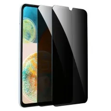 Samsung Galaxy A04e with two black privacy screen protectors