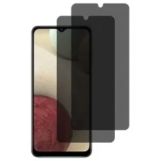 Samsung Galaxy A12 with two black privacy screen protectors