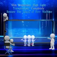 3D figures interacting with a large smartphone, promoting Slim Protection, High Light Transmission