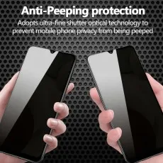 Two hands hold smartphones with privacy screens, showing dark displays