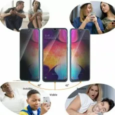 Privacy screen protectors on three Samsung Galaxy phones, with people showing different viewing angles