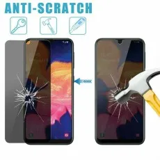 Two smartphones demonstrating ANTI-SCRATCH protection, one with a cracked protector, one with a cracked screen