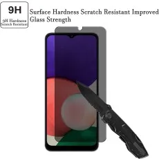 A smartphone with a screen protector, knife, and text highlighting its 9H hardness and scratch resistance