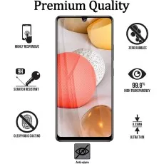 smartphone with screen protector features like 9H scratch resistance, anti-glare, and zero bubbles