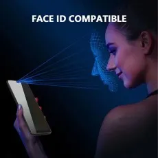 An illustration of a phone's face ID feature scanning a woman's face, with FACE ID COMPATIBLE text