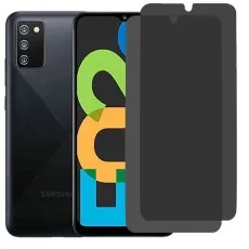 Samsung Galaxy F02s phone with two privacy screen protectors