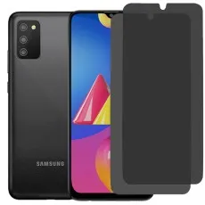 Samsung Galaxy M02S phone with two privacy screen protectors