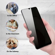 A hand holds a smartphone with a privacy screen. Insets show people using phones in an office, classroom, and subway, highlighting privacy