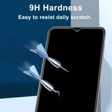A smartphone with a dark screen is depicted with two darts seemingly bouncing off it, illustrating 9H hardness