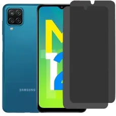 Samsung Galaxy M12 phone with two privacy screen protectors