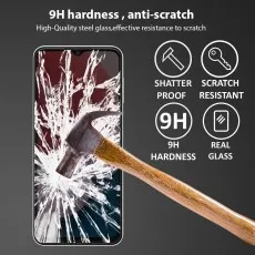 A hammer hitting a phone screen protector, highlighting its 9H hardness and scratch resistance