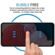 BUBBLE FREE screen protector applied to a smartphone with an air-exhausting adhesive