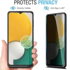 A smartphone with a privacy screen protector, showing direct view vs. anti-spy 45-degree view