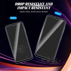 Two phones with screen protectors, one cracked (others) and one intact (ours), showing drop and impact resistance