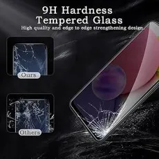 Comparison of 9H hardness tempered glass, showing Ours intact and Others shattered, demonstrating strength