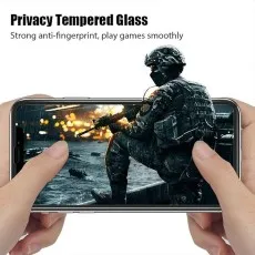 Two hands hold a phone displaying a game with a soldier, advertising Privacy Tempered Glass