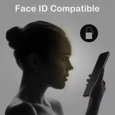 Person's silhouette with dotted face pattern looking at a phone, showing Face ID compatibility